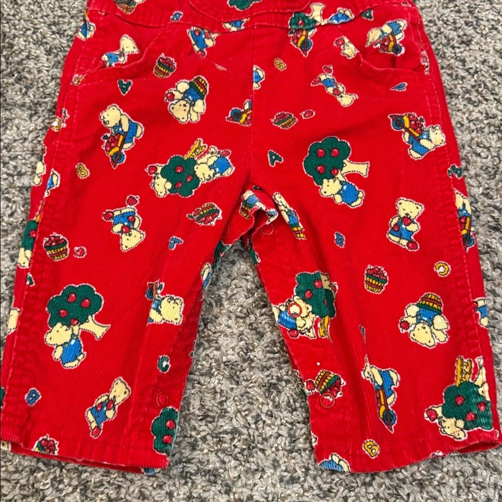 Vintage OSHKOSH Vestbak Corduroy Overalls 12 Mos Red USA bears/trees Snap Crotch